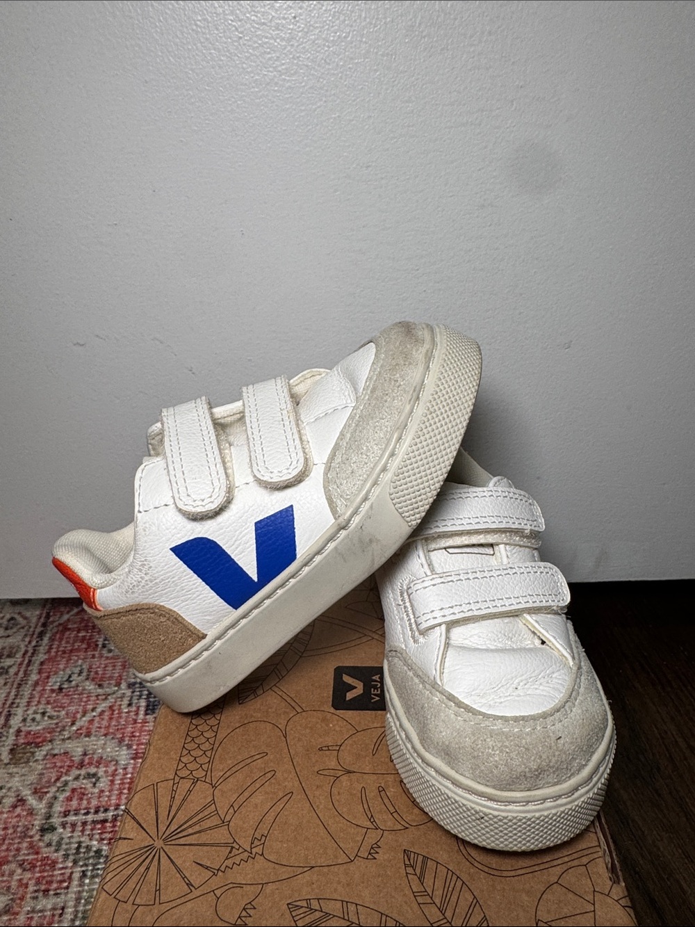 Veja Kids White Sneakers with Blue V and Tan Accents
